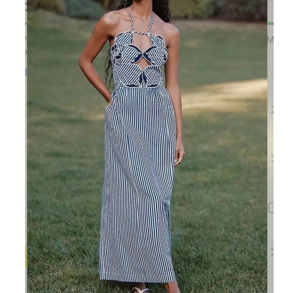 Celandine Hibiscus Cutwork Cotton Maxi Dress M Navy White Striped Anthropologie